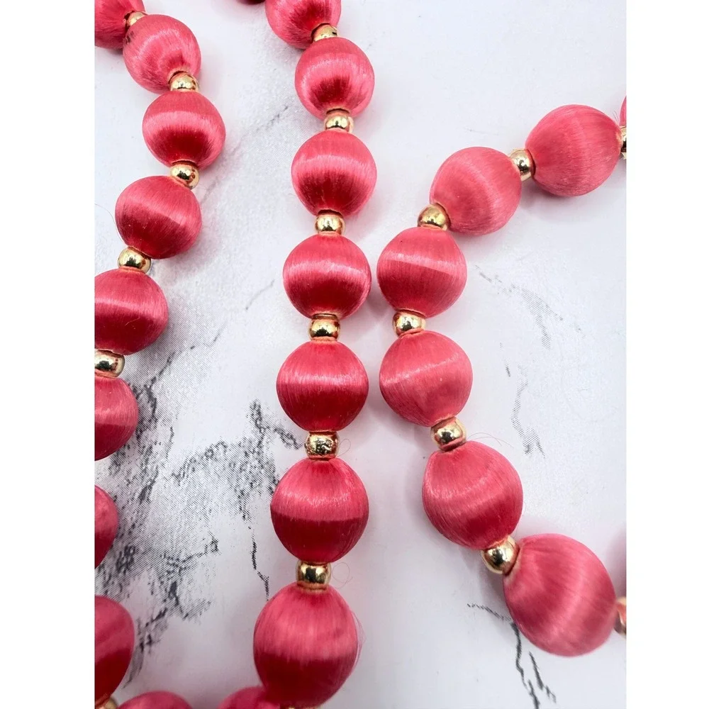 Vintage Coral Pink Fabric Wrapped Bead Necklace Gold Spacers 30